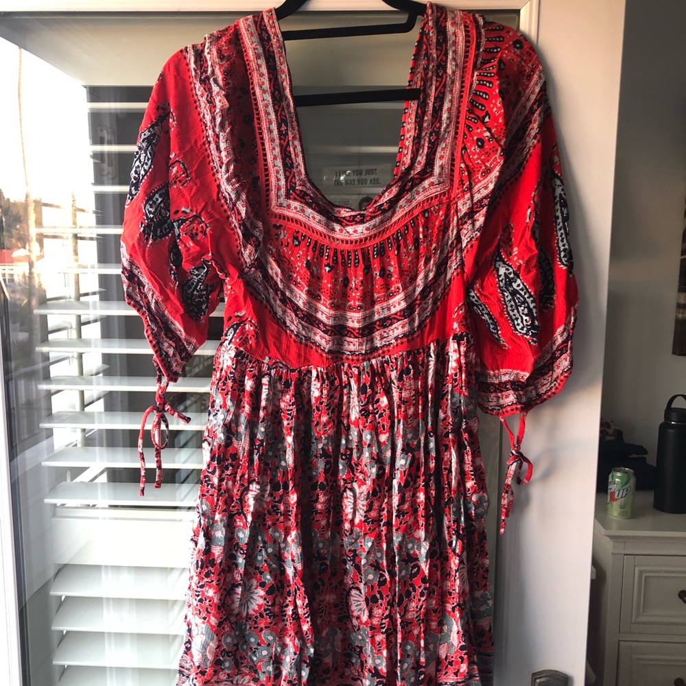 Free People Red Patterned Peasant Dress